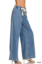 Wide Leg Drawstring Elastic Waistband Denim Pants w/ Pockets