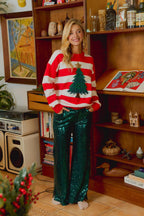 CHRISTMAS STRIPE AND TREE APPLIQUE KNIT TOP