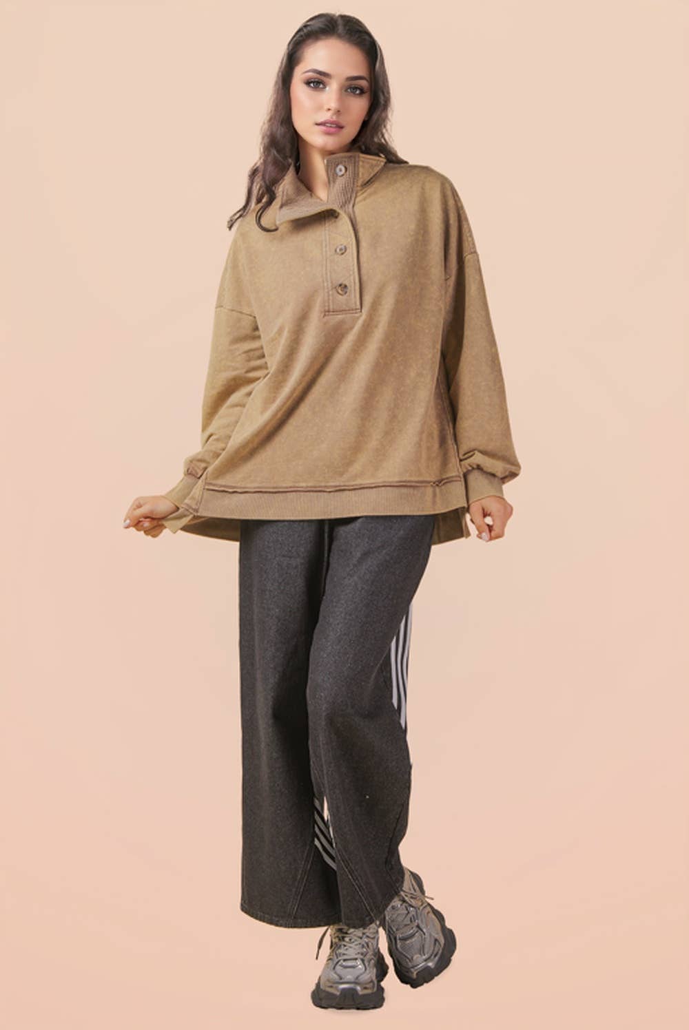 NT12225-Mock Neck Mineral Washed Knit Causal Top