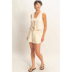 Sleeveless Tie-Front Vest And Elastic Waist Shorts Set