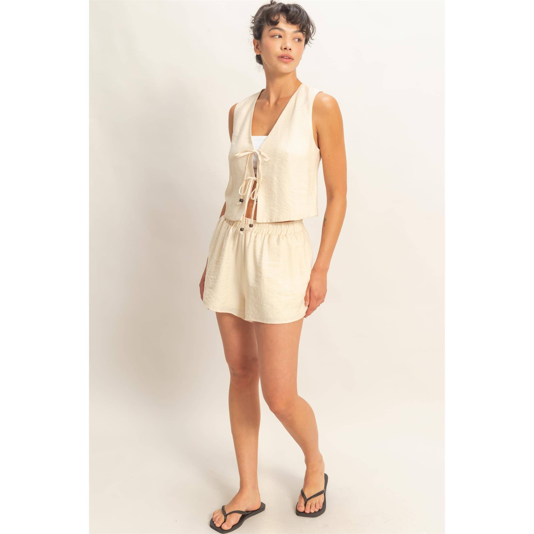 Sleeveless Tie-Front Vest And Elastic Waist Shorts Set