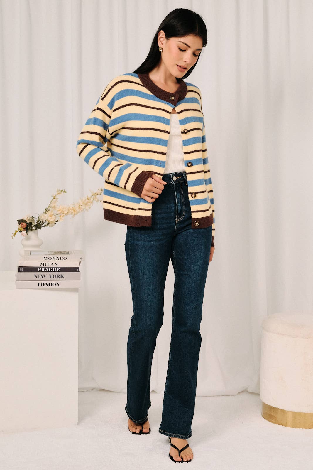 Striped Button Down Long Sleeve Knit Sweater Cardigan