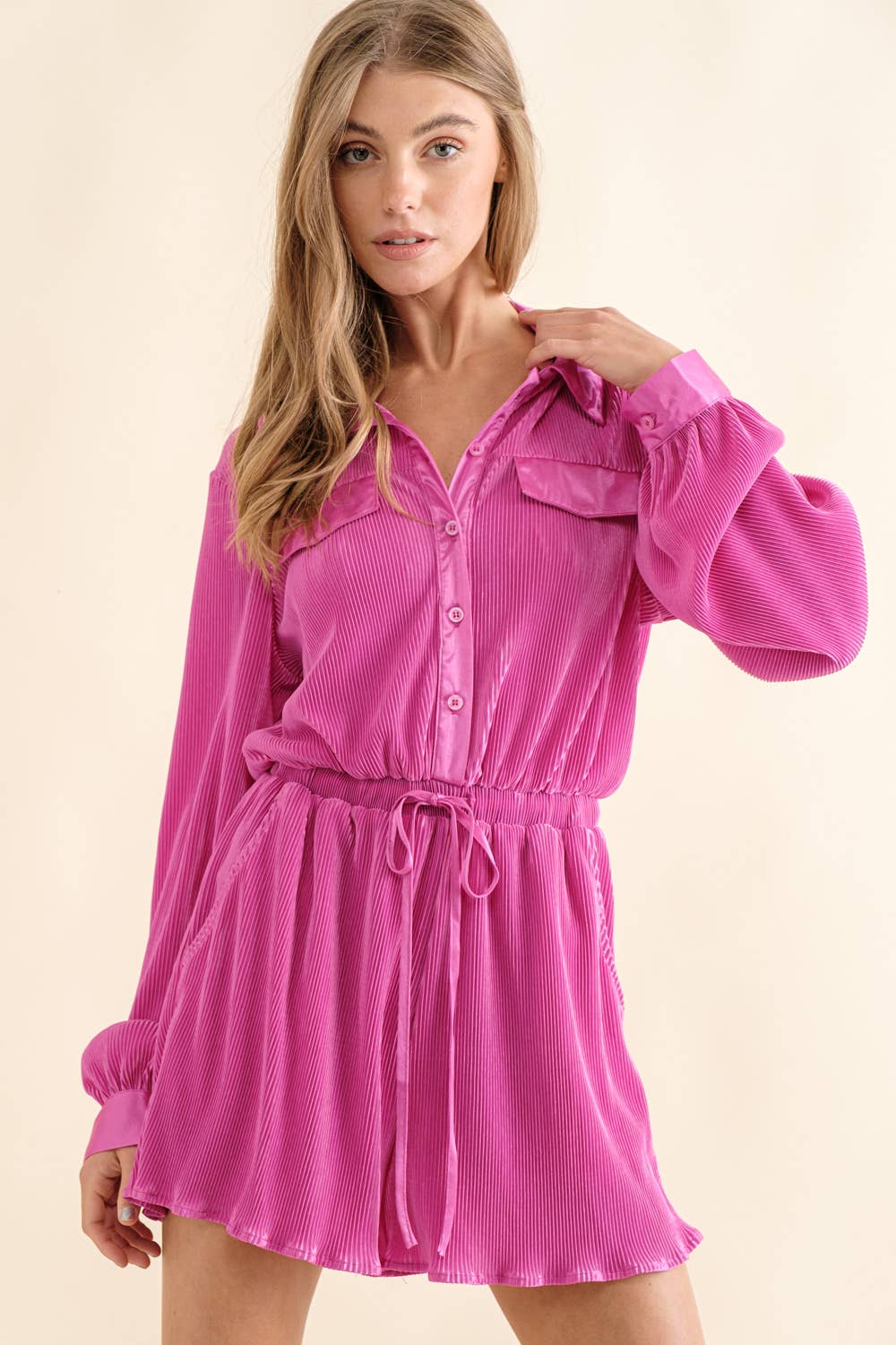 61136R - Accordion Pleated Collared Romper