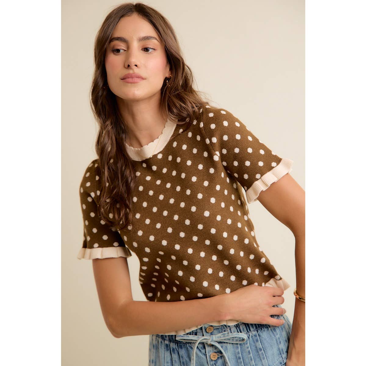 POLKA DOT RUFFLED SHORT SLEEVES SWEATER KNIT TOP