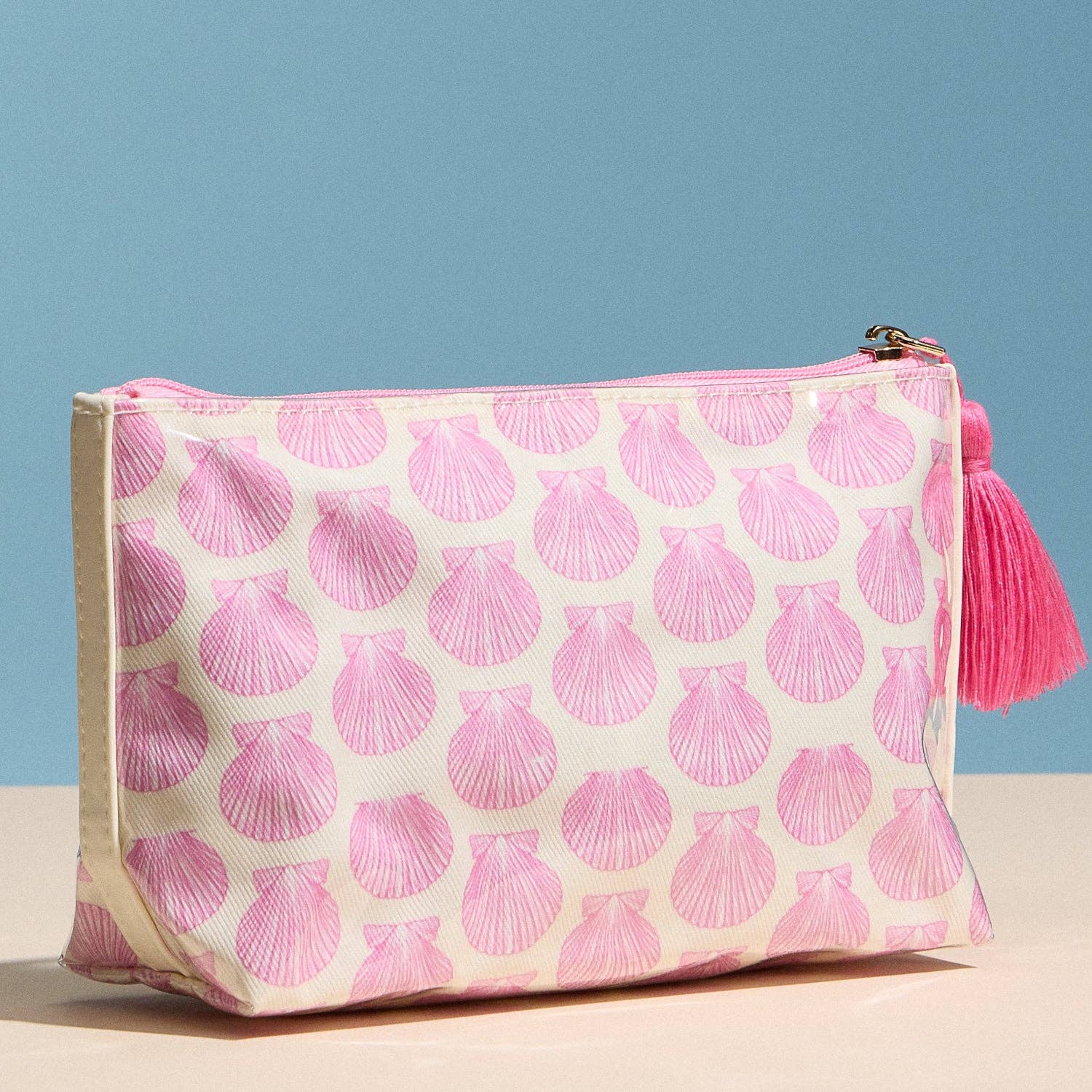 Pink Seashell Print Cosmetic Pouch | Zipper Makeup Bag with Tassel