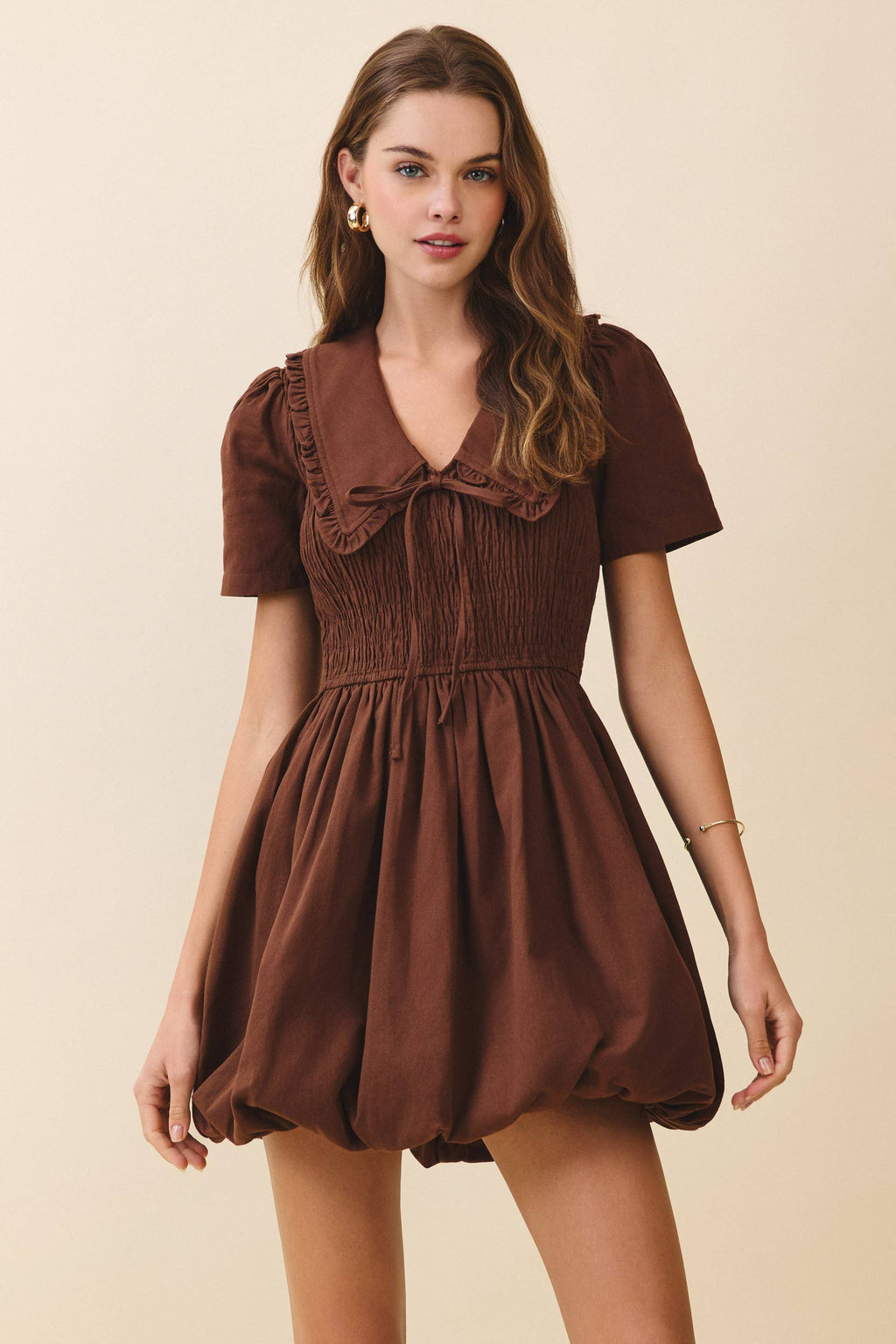 CD06412-Short Puff Sleeve Shirred Bodice Bubble Dress