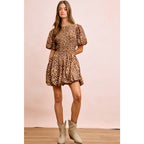 LEOPARD BOW TIE ATTACHABLE PUFF SLEEVES DRESS