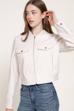 Long Sleeve Crew Neck Felt Jacket with Pocket Flap Detail