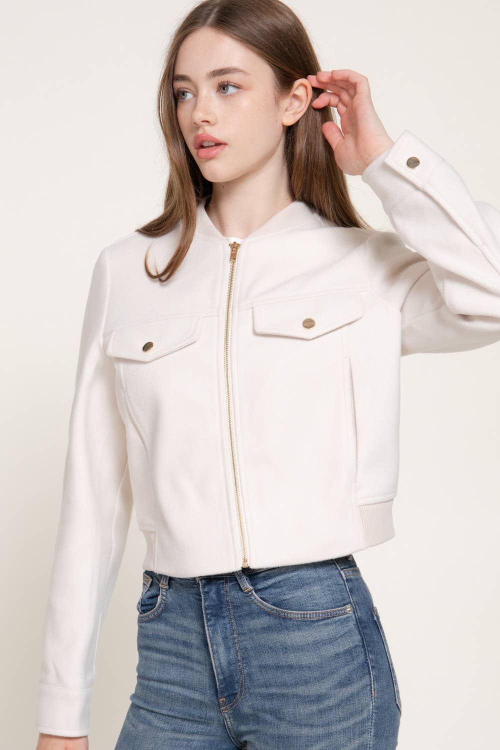 Long Sleeve Crew Neck Felt Jacket with Pocket Flap Detail