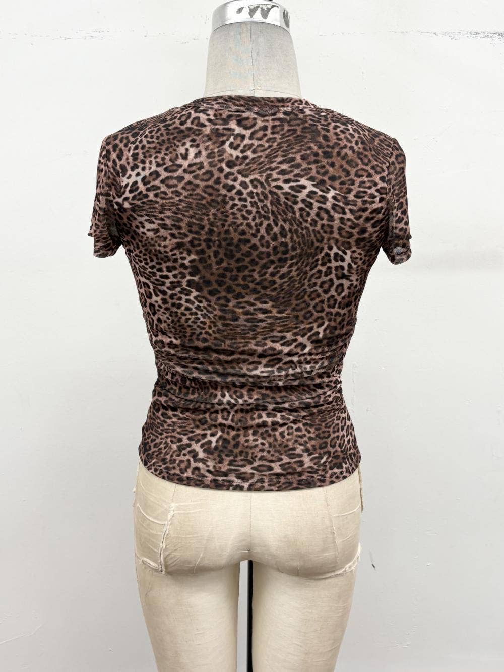 Leopard Print Ruched Mesh Top