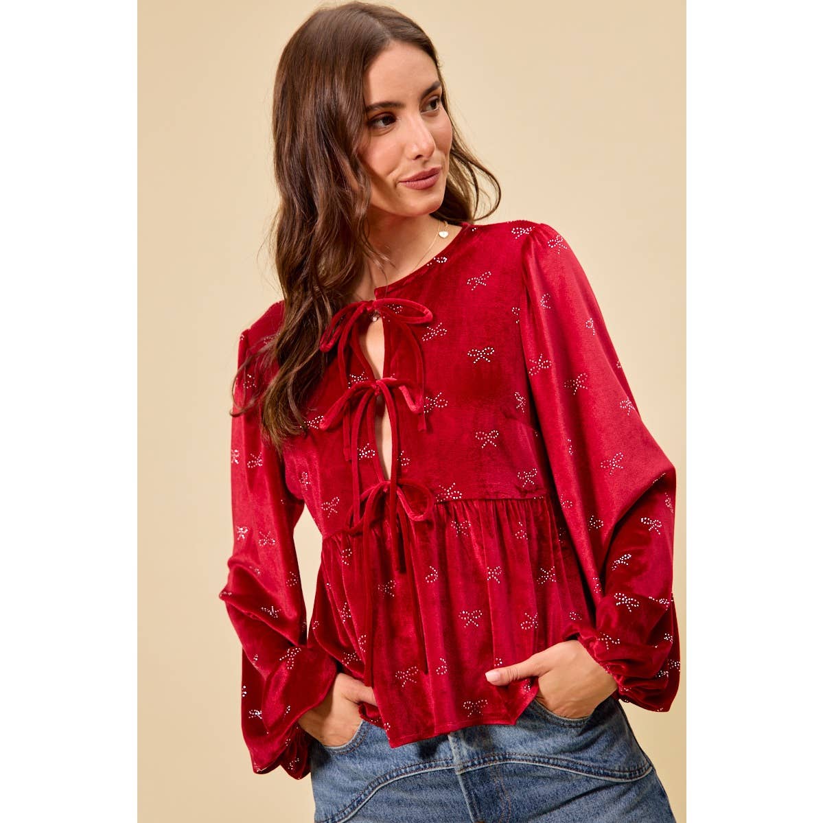 HOLIDAY CHRISTMAS RIBBON EMBELLISHED VELVET TOP