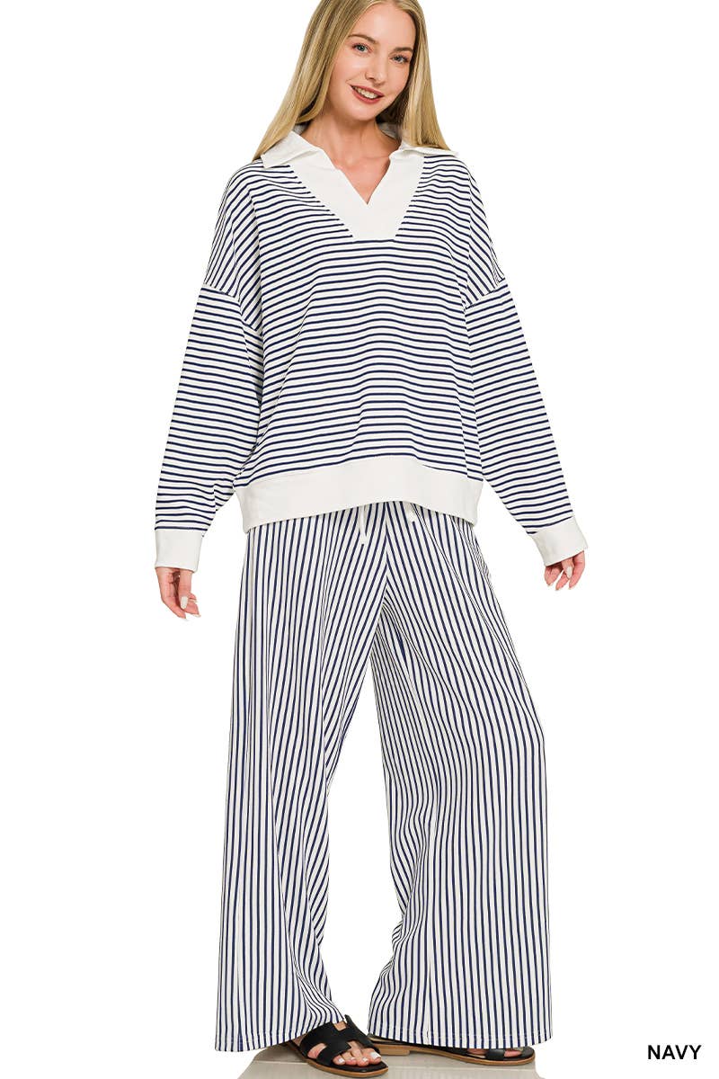 Striped Split Neck Oversized Collared Top & Pants 2PC Set