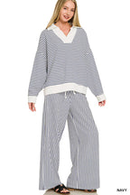 Striped Split Neck Oversized Collared Top & Pants 2PC Set
