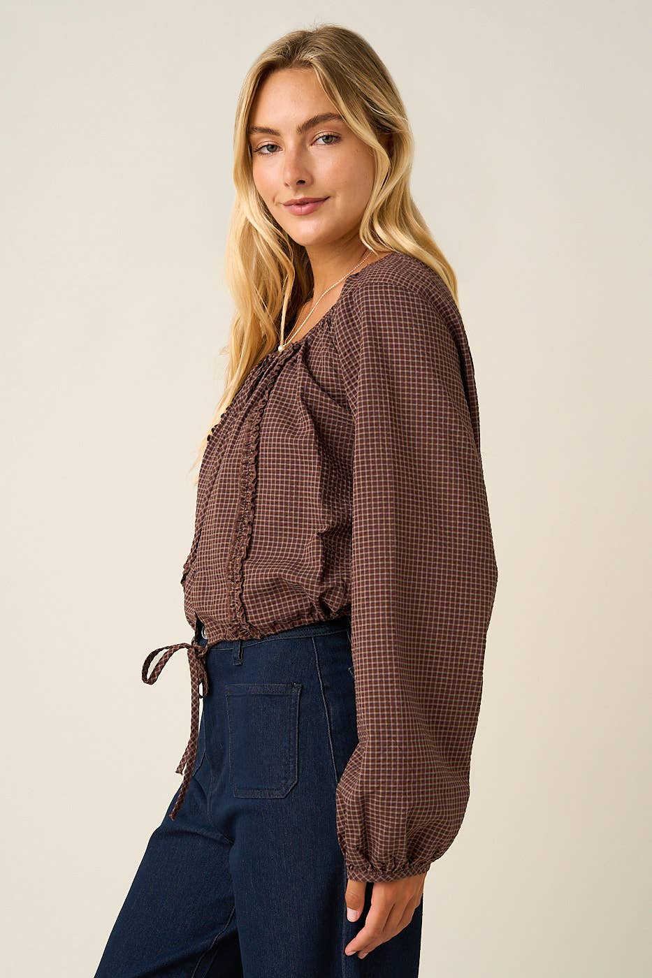 CHECKERED RUFFLE TRIM TIE FRONT LONG SLEEVE TOP