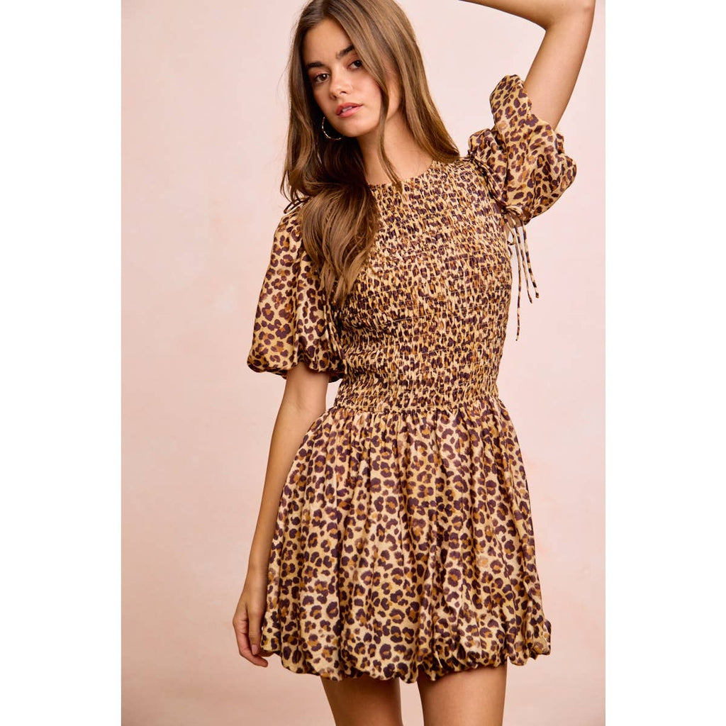 LEOPARD BOW TIE ATTACHABLE PUFF SLEEVES DRESS