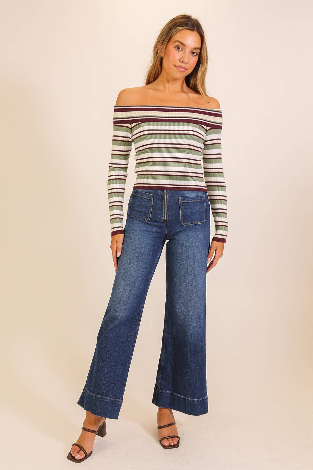 Striped Foldover Off-Shoulder Sweater Top