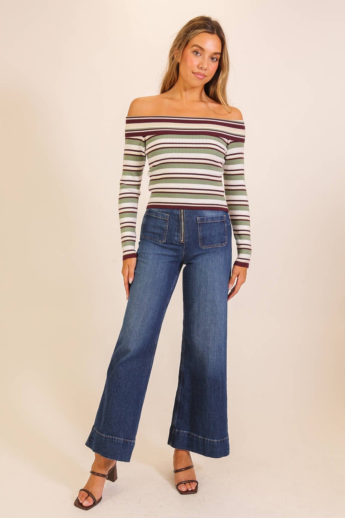 Striped Foldover Off-Shoulder Sweater Top