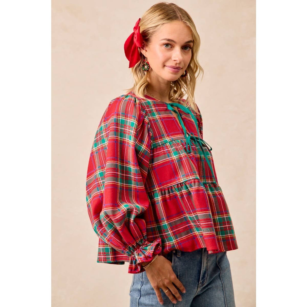 CHRISTMAS PLAID TOP WITH FRONT BOW TIED DETAILS