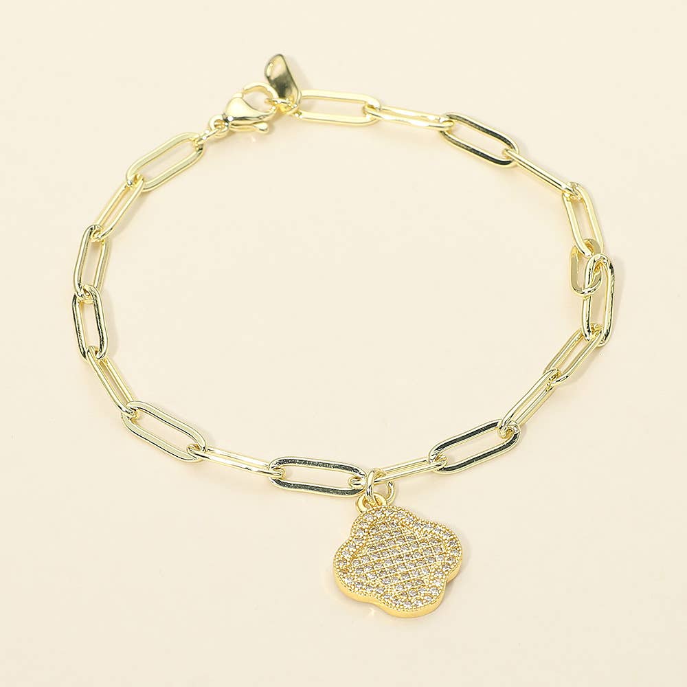Stainless Steel Rhinestone Pave Quatrefoil Charm Paperclip Chain Link Bracelet