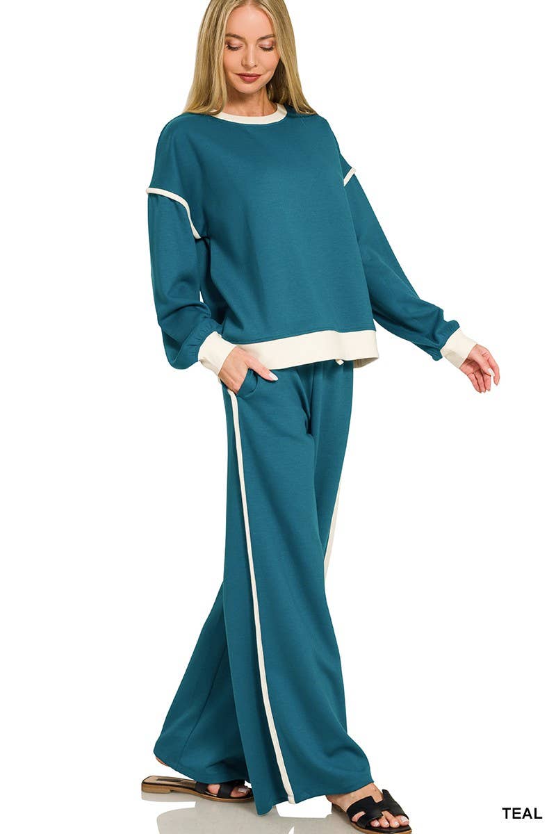 Scuba Contrast Trim Piping Detail Sweatshirts And Pants Set