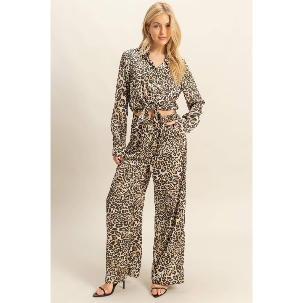 Leopard Print Tie-Waist Shirt And Pants Jumpsuit