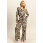 Leopard Print Tie-Waist Shirt And Pants Jumpsuit