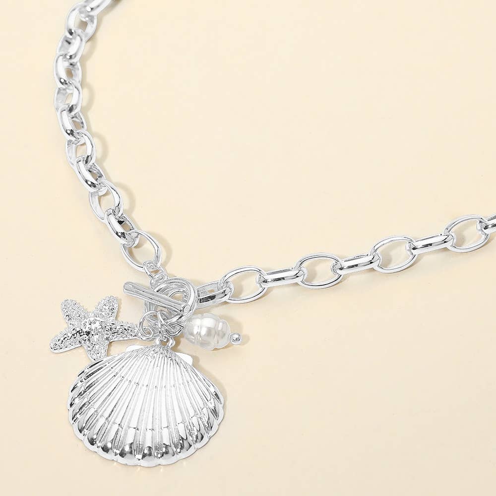 Seashell Starfish Pearl Charm Toggle Chunky Chain Necklace