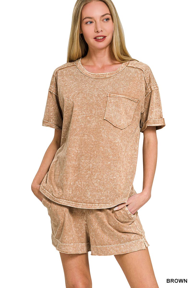 Halo Snow Washed Exposed Seam Top & Shorts Set - Zenana