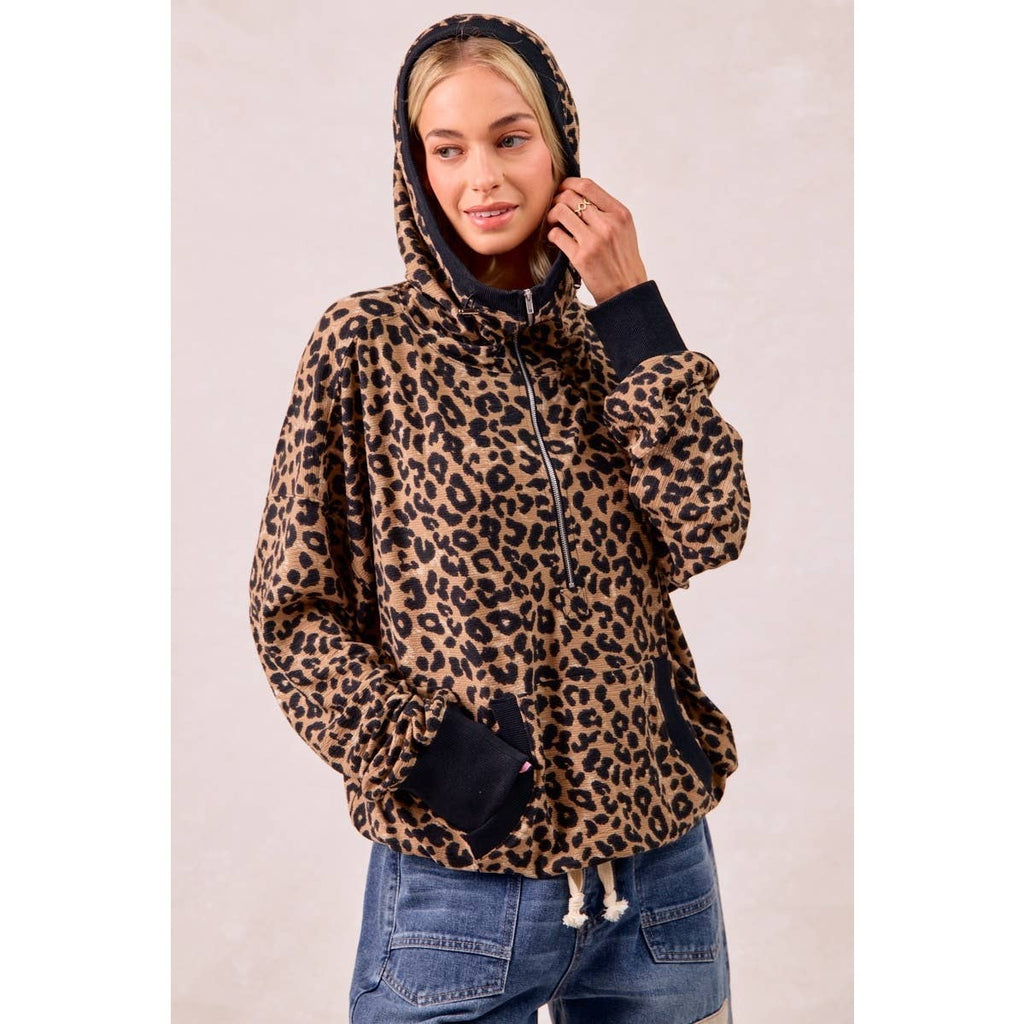 LEOPARD PRINT WAFFLE HALF ZIP UP HOODIE W POCKET