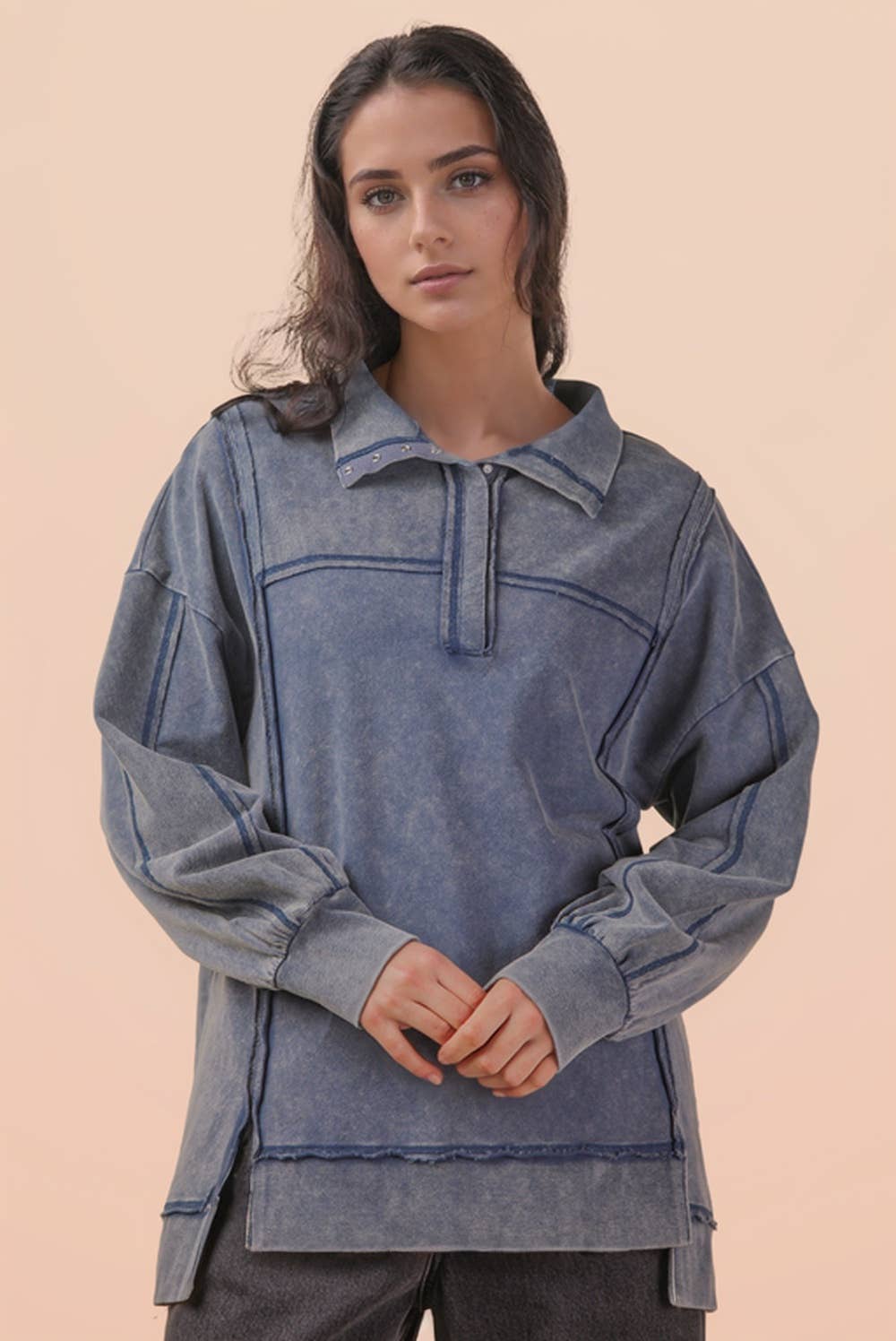 NT12365-Half Button Down Oversized Contrast Knit Top