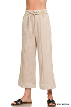 Acid Washed Fleece Pintuck Wide Leg Cropped Pants w/ Pockets