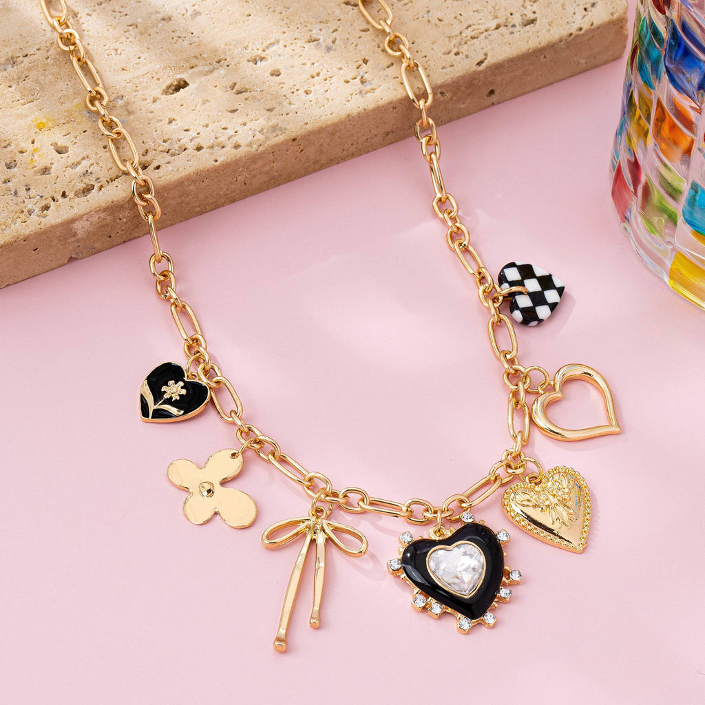 CHARM NECKLACE-BOW CHECKER HEART RHINESTONE | 80N92728