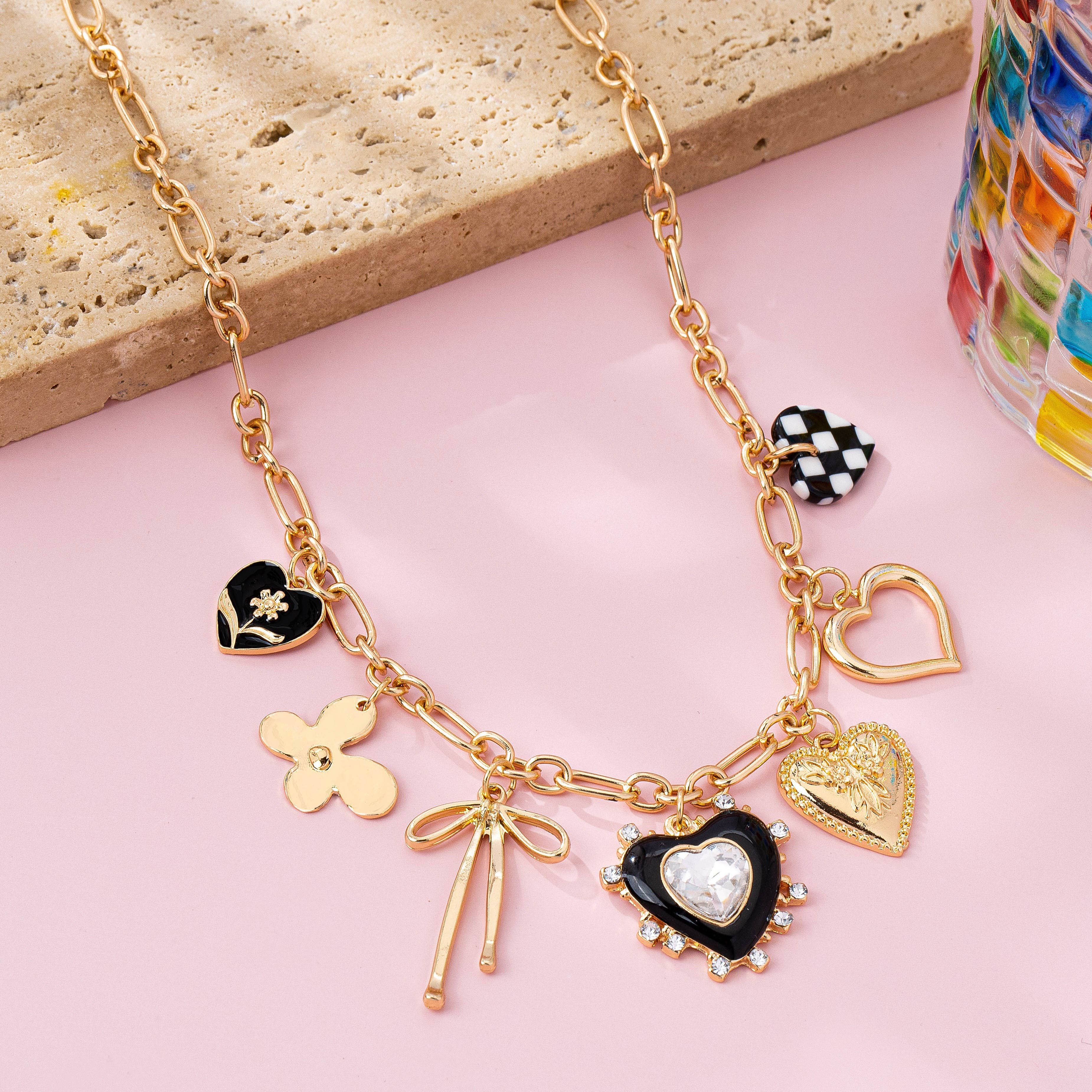 CHARM NECKLACE-BOW CHECKER HEART RHINESTONE | 80N92728
