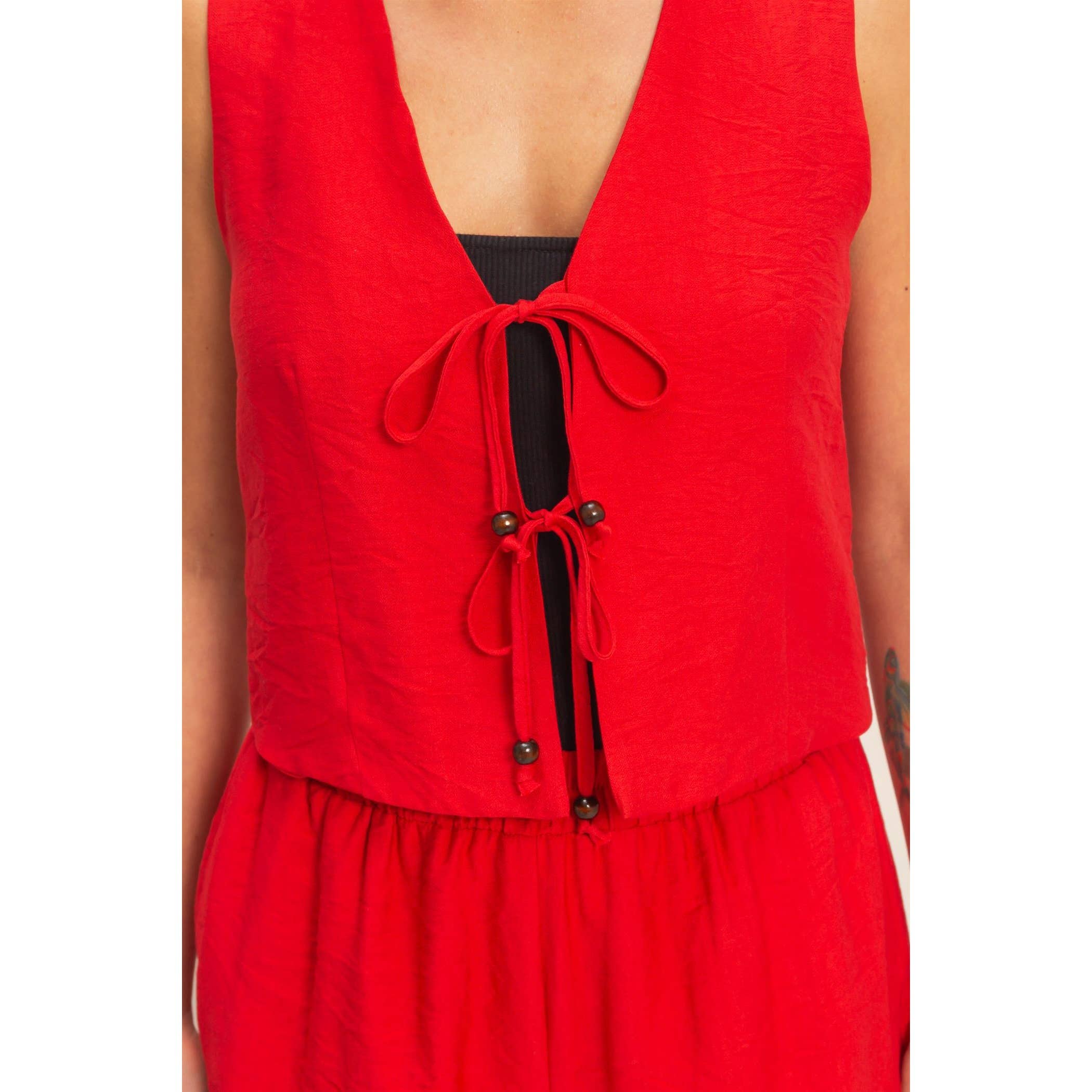 Sleeveless Tie-Front Vest And Elastic Waist Shorts Set