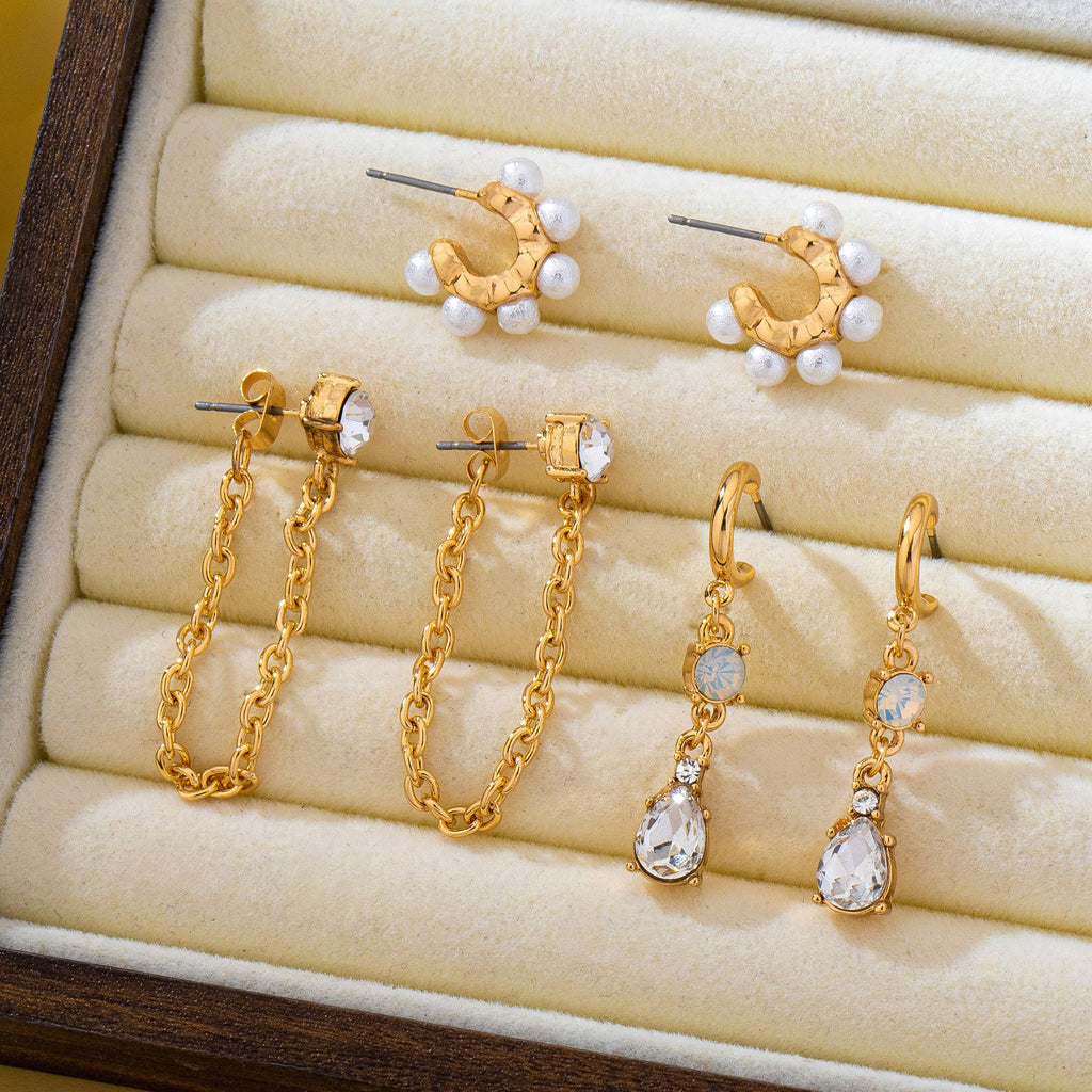 Pearl Hoop Crystal Drop Chain Trio Earring Set | 80E62685