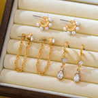 Pearl Hoop Crystal Drop Chain Trio Earring Set | 80E62685