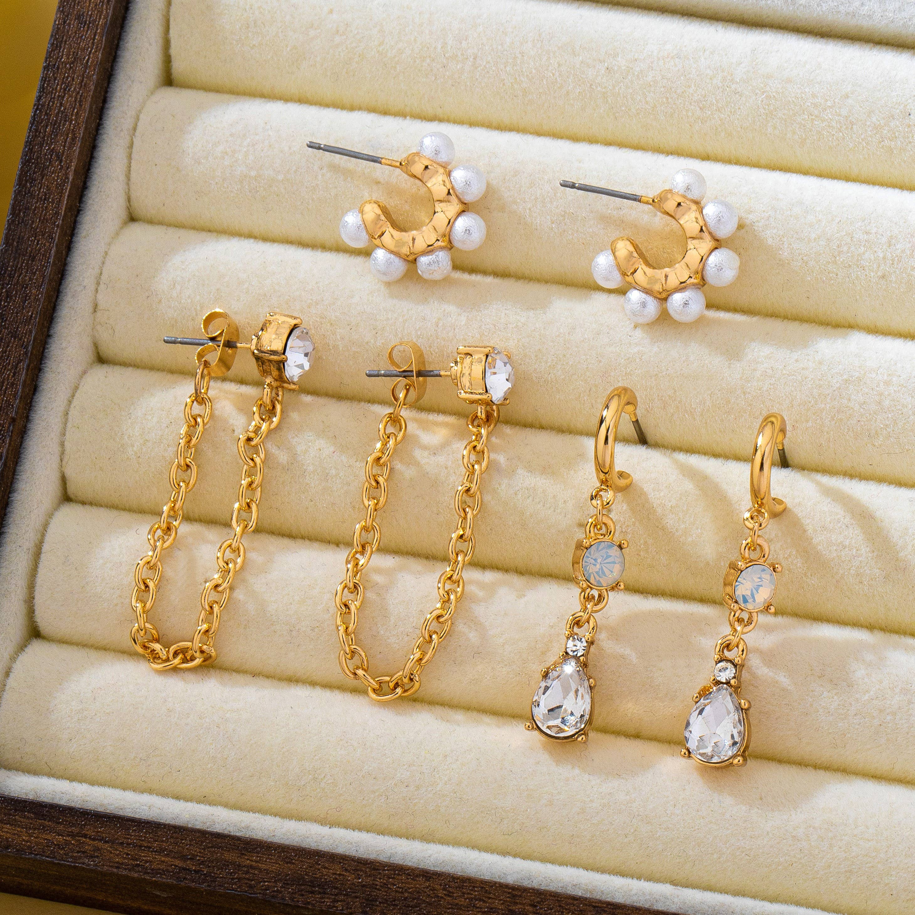 Pearl Hoop Crystal Drop Chain Trio Earring Set | 80E62685