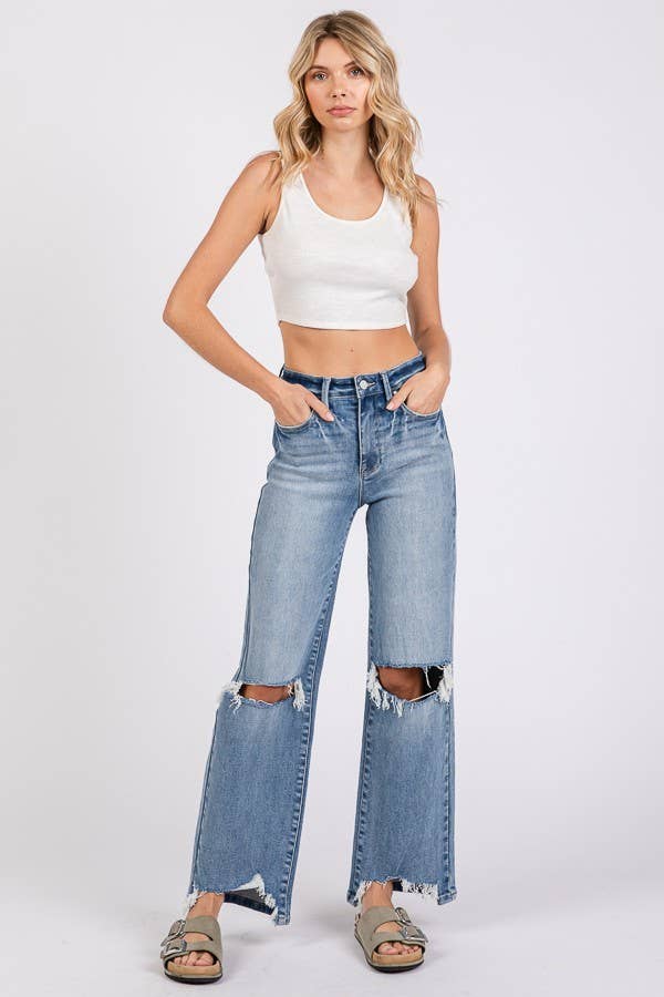 P1371W-MD HIGH RISE STRETCH SLIM WIDE LEG W/ DESTROYED HEM