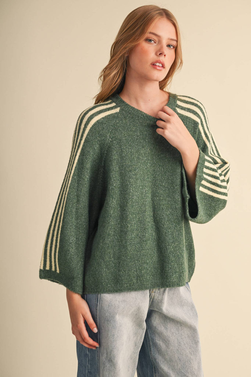 STRIPED 3/4 SLEEVE SWEATER MSW11585