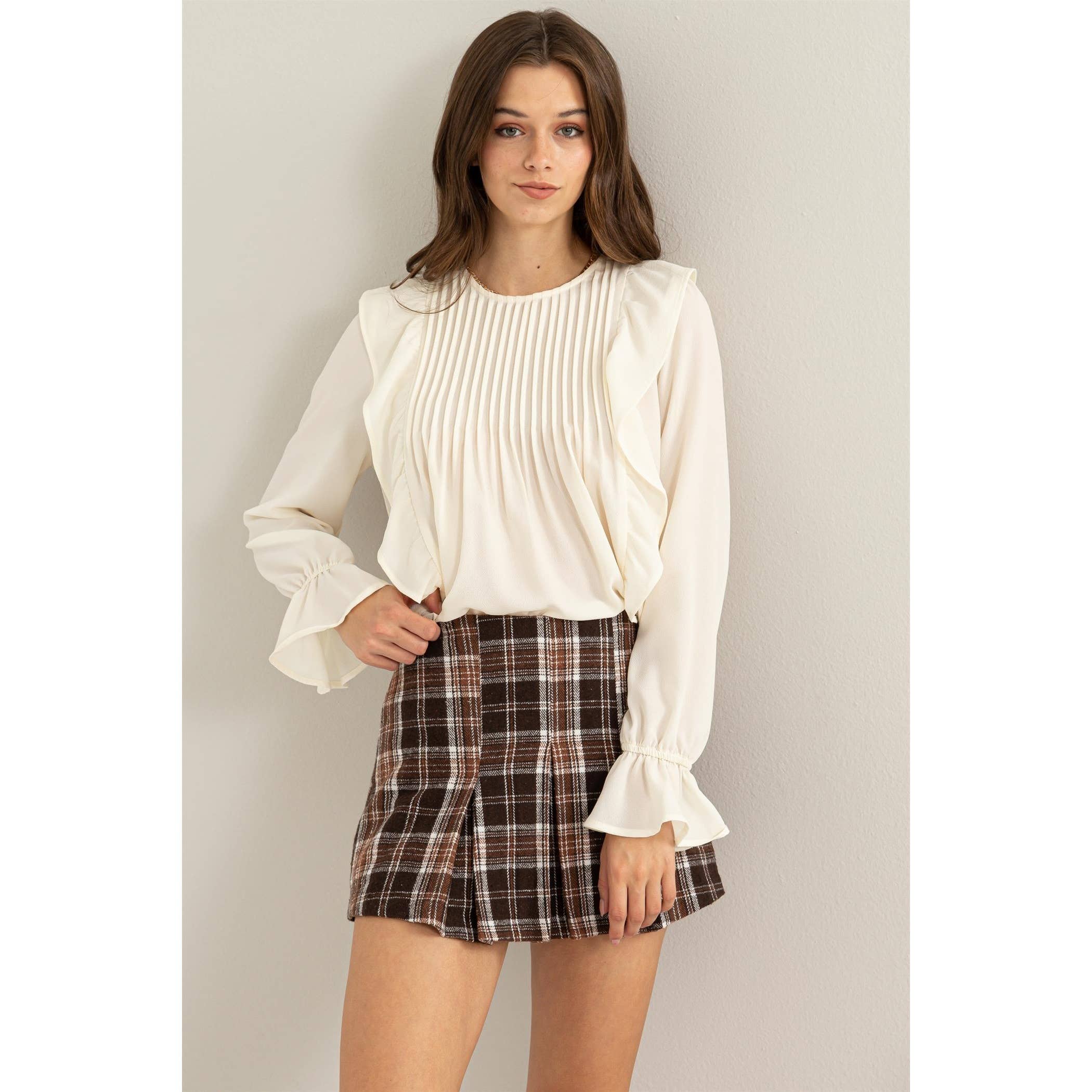 Pintuck Ruffle Detail Woven Blouse