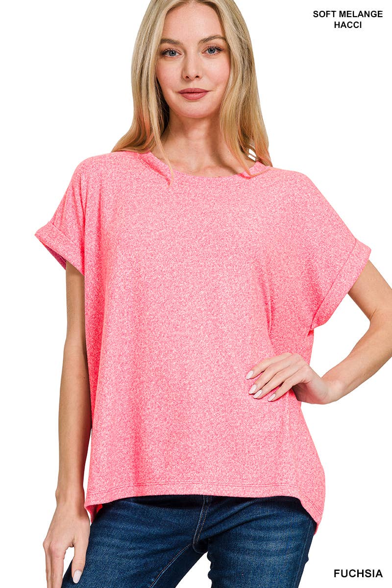 Soft Melange Folded Sleeve Round Neck Top - Zenana
