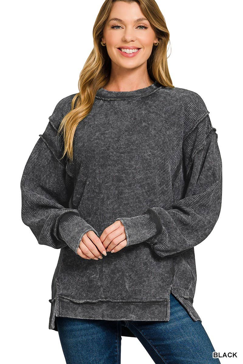 Acid Washed Double Ribbed Exposed-seam Pullover