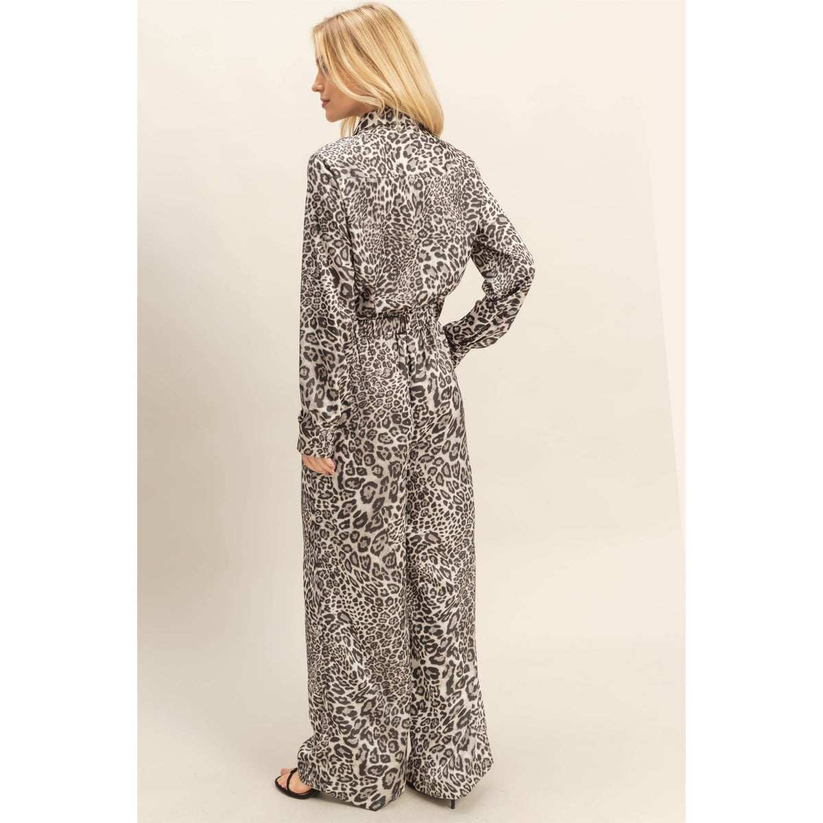 Leopard Print Tie-Waist Shirt And Pants Jumpsuit