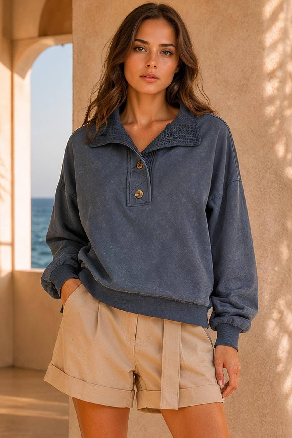 NT12225-Mock Neck Mineral Washed Knit Causal Top