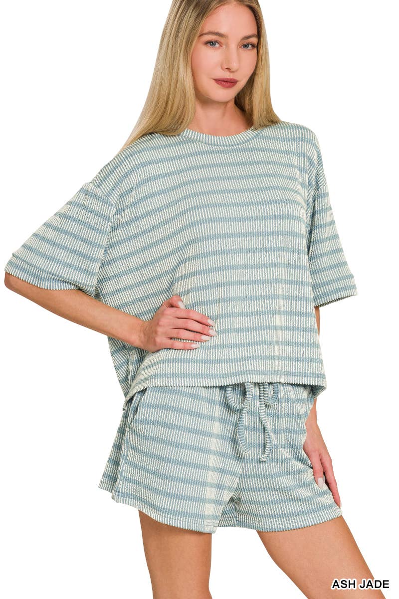 0420 Raised Rib Striped Tee & Shorts Set SI-29196