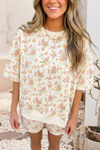 LDC Floral Print Oversized Sweat Tee Elastic Waist Short Set