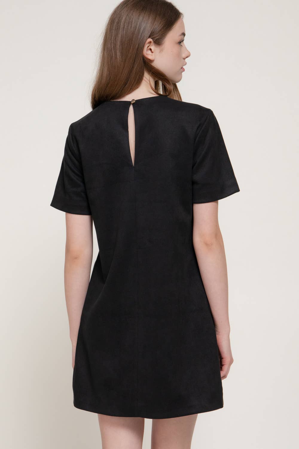 Short Sleeve Round Neck Semi A-Line Faux Suede Mini Dress