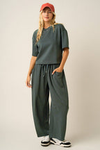 CLOUD KNIT DRAWSTRING WAIST BARREL LEG PANTS