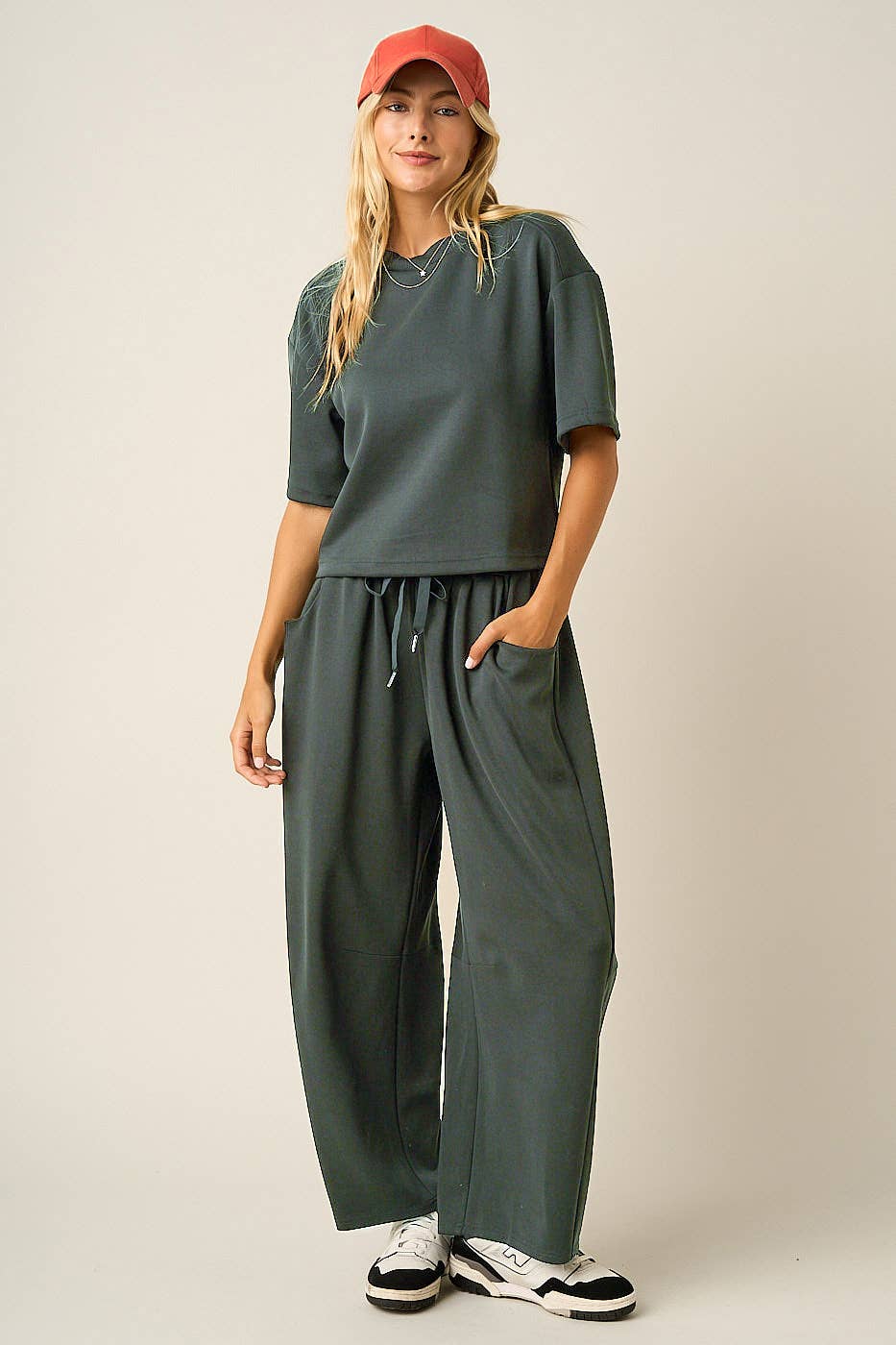 CLOUD KNIT DRAWSTRING WAIST BARREL LEG PANTS