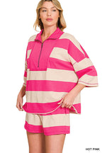 French Terry Striped Half Zip High Neck Top & Shorts Set Zenana